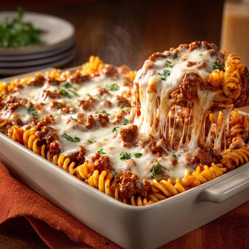 Käsig überbackener Fusilli-Auflauf mit Hack, bei dem der geschmolzene Käse Fäden zieht, frisch aus dem Ofen.