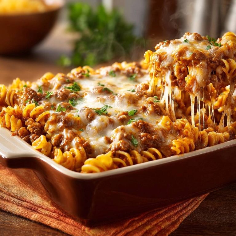 Käsig überbackener Fusilli-Auflauf mit Hack, mit zart schmelzendem Käse aus einer Auflaufform geschöpft