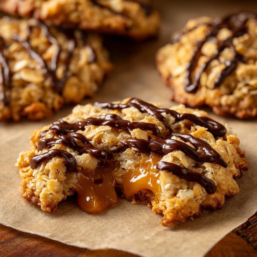 Karamell-gefüllte Hafercookies im Anschnitt mit flüssigem Karamell im Inneren und Schokoladendrizzle.