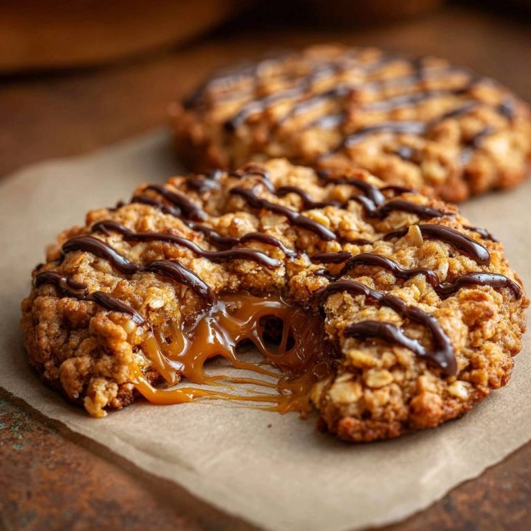 Karamell-gefüllte Hafercookies: Anschnitt mit flüssiger Karamellfüllung und Schokoladendrizzle