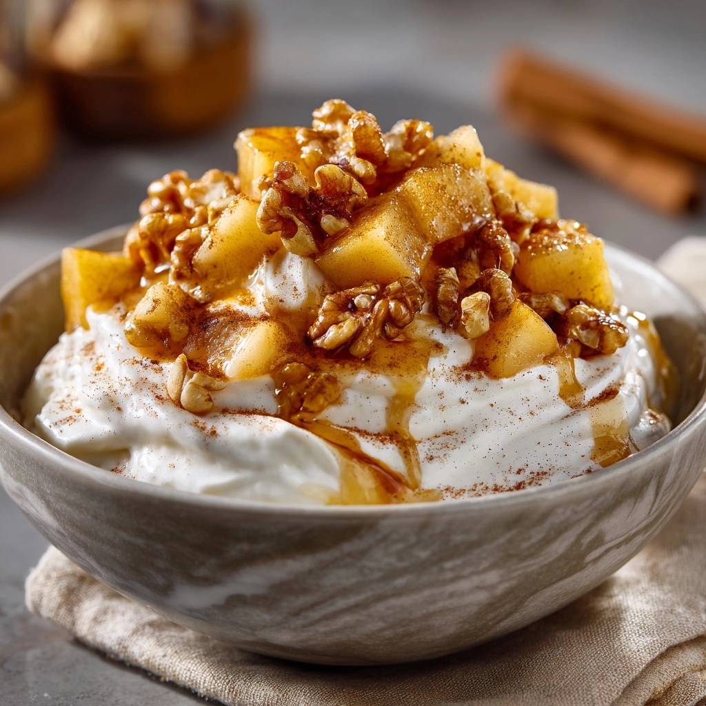 Karamellisierte Apfel-Walnuss-Joghurt mit Honig und Zimt, nahaufnahme der Garnitur mit Äpfeln, Walnüssen und Sirup.