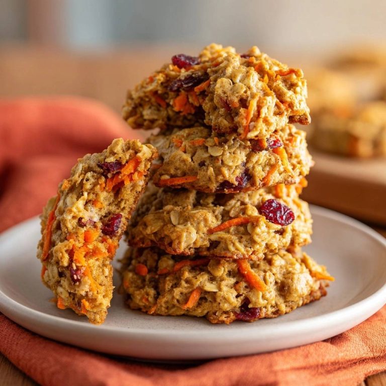 Saftige Karotten-Haferflocken-Cookies, angeschnitten, zeigen die Textur aus Haferflocken, Karottenraspeln und Cranberries.