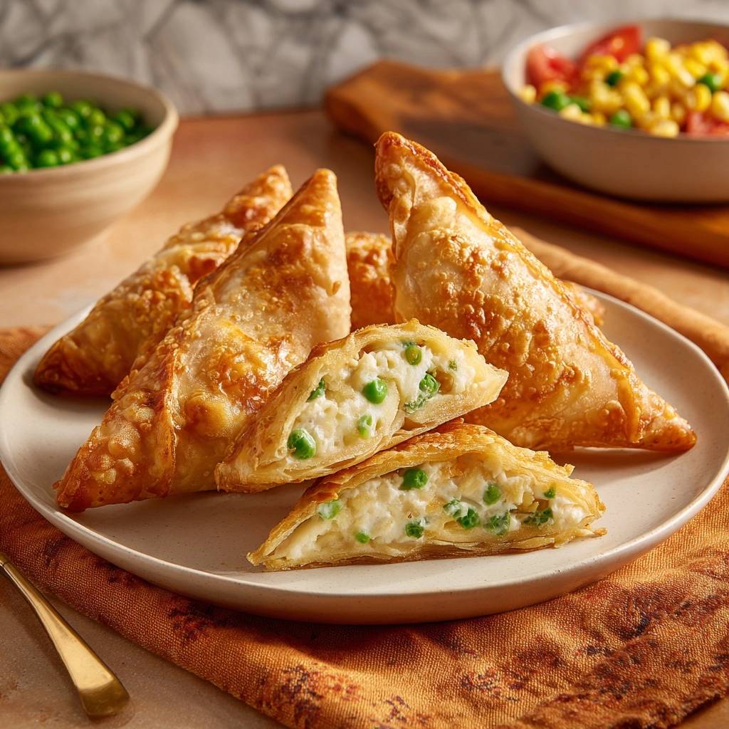 Knusprige Kartoffel-Erbsen-Samosas angeschnitten, die das cremige Innere mit Erbsen zeigen.