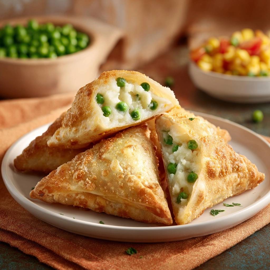 Knusprige Kartoffel-Erbsen-Samosas angeschnitten, zeigen eine Füllung aus Kartoffelpüree und Erbsen auf einem Teller.