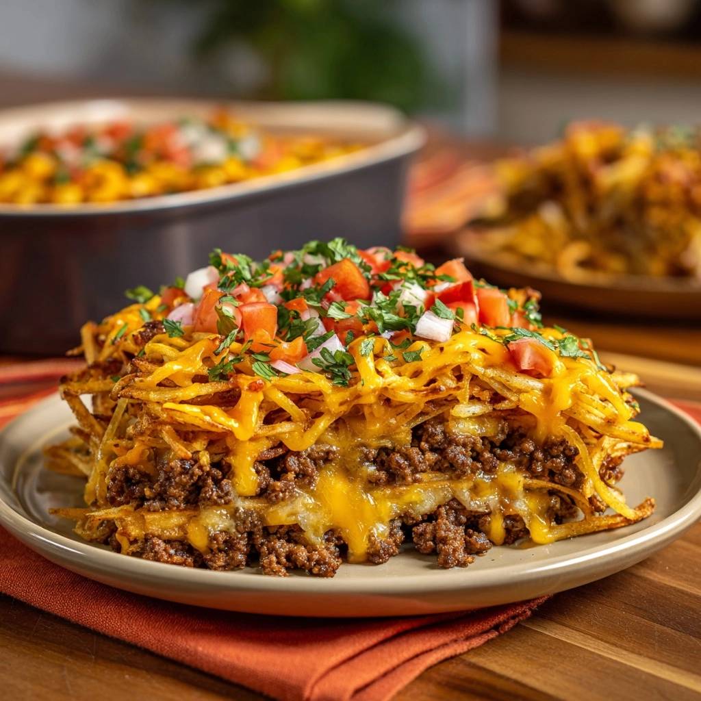 Herzhafter Kartoffel-Hack-Auflauf angeschnitten mit geschmolzenem Käse und frischer Tomaten-Pico de Gallo-Garnitur