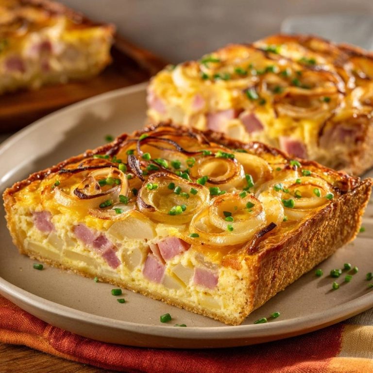 Knusprige Kartoffel-Schinken-Quiche angeschnitten auf einem Teller, mit Schinkenwürfeln und Zwiebelringen im Inneren.