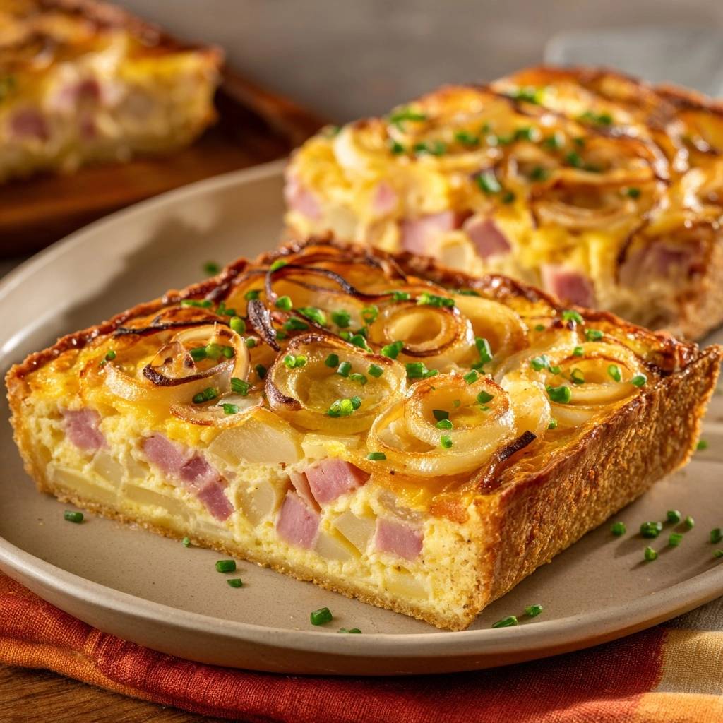 Knusprige Kartoffel-Schinken-Quiche angeschnitten auf einem Teller, mit Schinkenwürfeln und Zwiebelringen im Inneren.