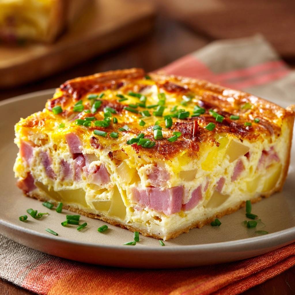 Knusprige Kartoffel-Schinken-Quiche angeschnitten, mit Schinken und Kartoffeln im Inneren, garniert mit Schnittlauch.