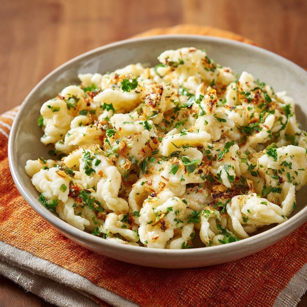 Käsespätzle mit knusprigen Petersilienkrümeln, eine Nahaufnahme des Gerichts mit gebräunten Petersilienkrümeln und Spätzle-Nudeln in einer Schüssel.