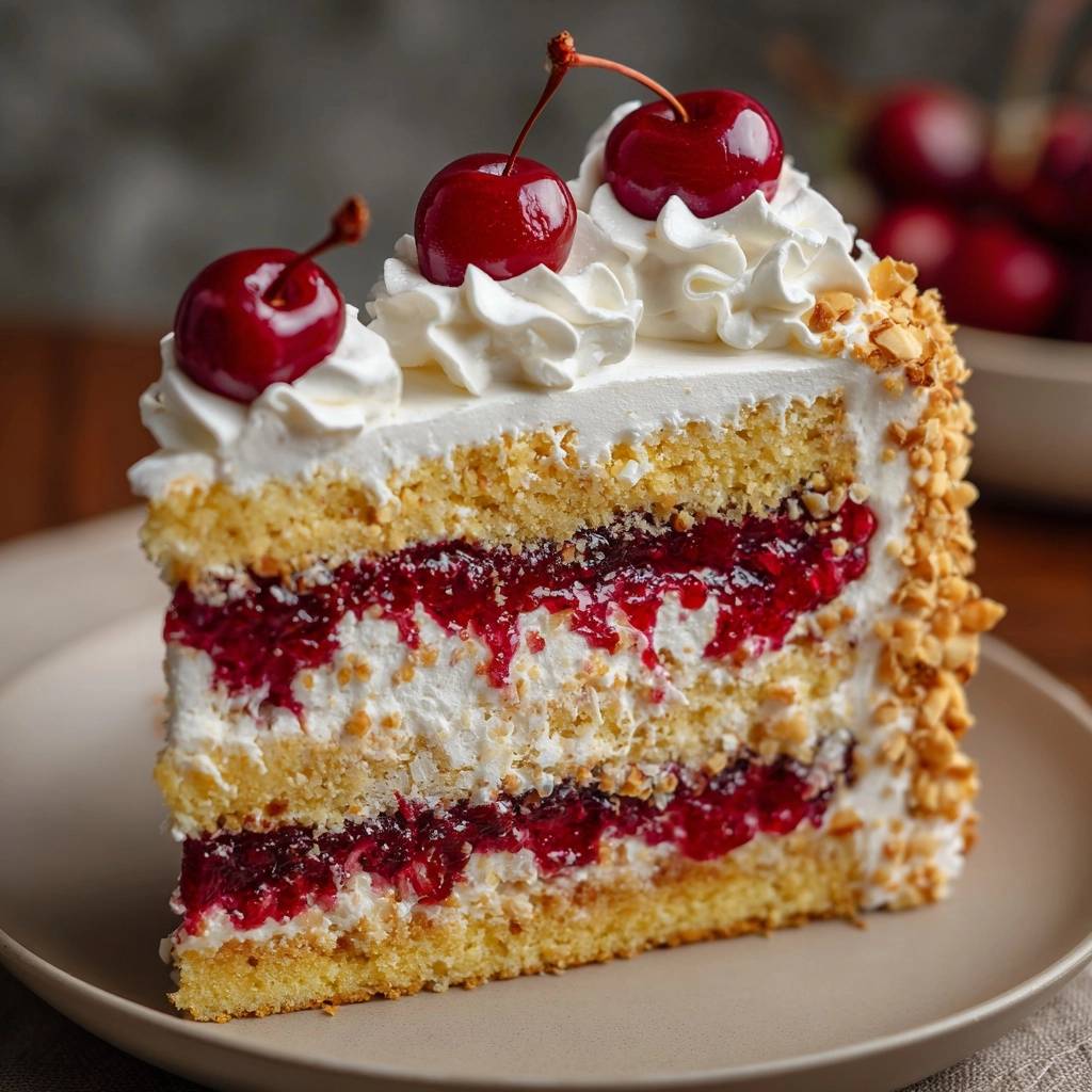Kirsch-Nuss-Sahnetorte angeschnitten, zeigt Schichten von Kuchen, Sahne und Kirschfüllung mit Kirschen garniert.