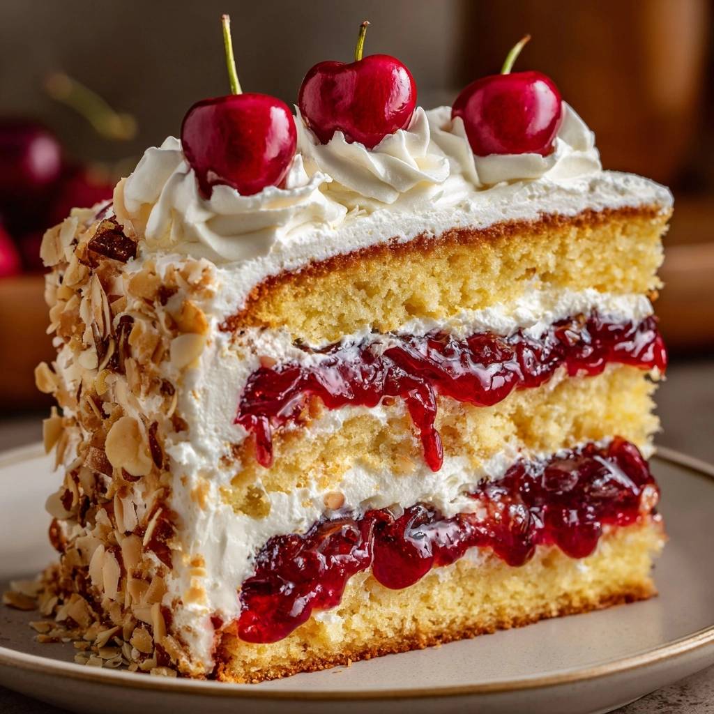Kirsch-Nuss-Sahnetorte angeschnitten, zeigt die Schichten aus Kirschfüllung, Sahne und Biskuit.