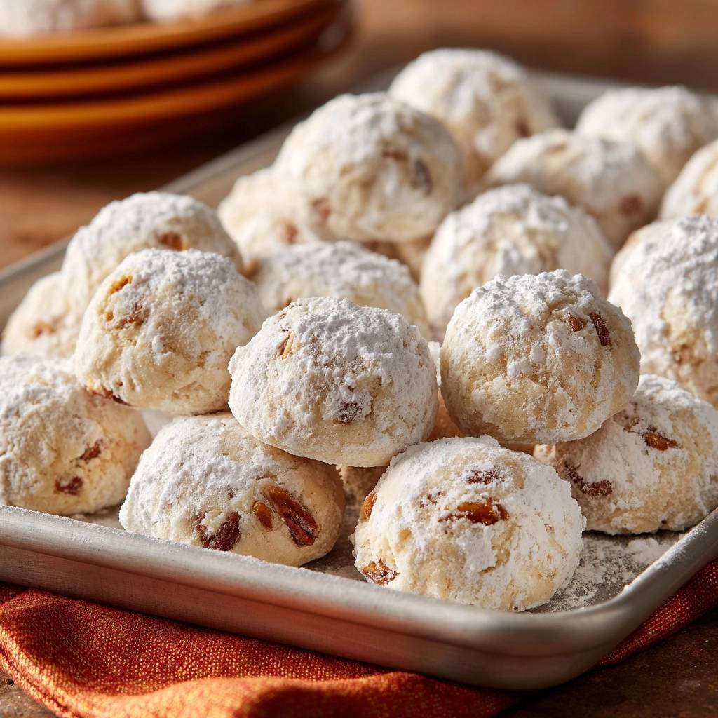 Klassische Pekannuss-Schneebälle, bedeckt mit Puderzucker und mit Nüssen verziert, auf einem Backblech.