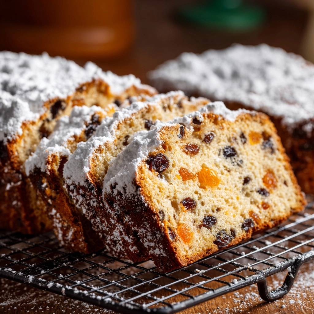 Klassischer Früchtekuchen angeschnitten mit Puderzucker bestreut, der saftige Teig mit Rosinen und Aprikosen ist gut sichtbar.