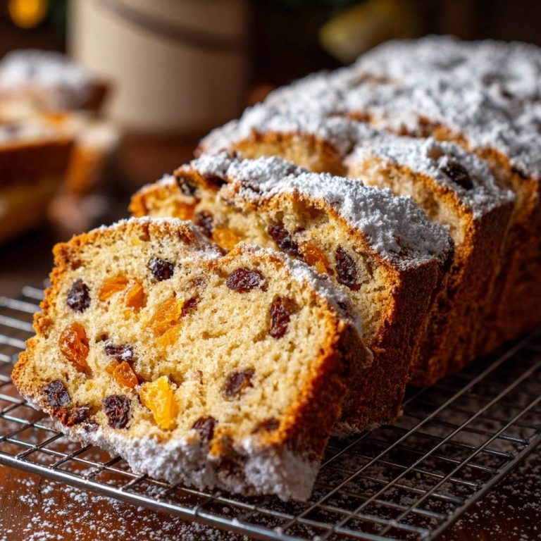 Klassischer Früchtekuchen angeschnitten auf einem Gitter, mit Puderzucker bestreut und voller Rosinen und Aprikosen.