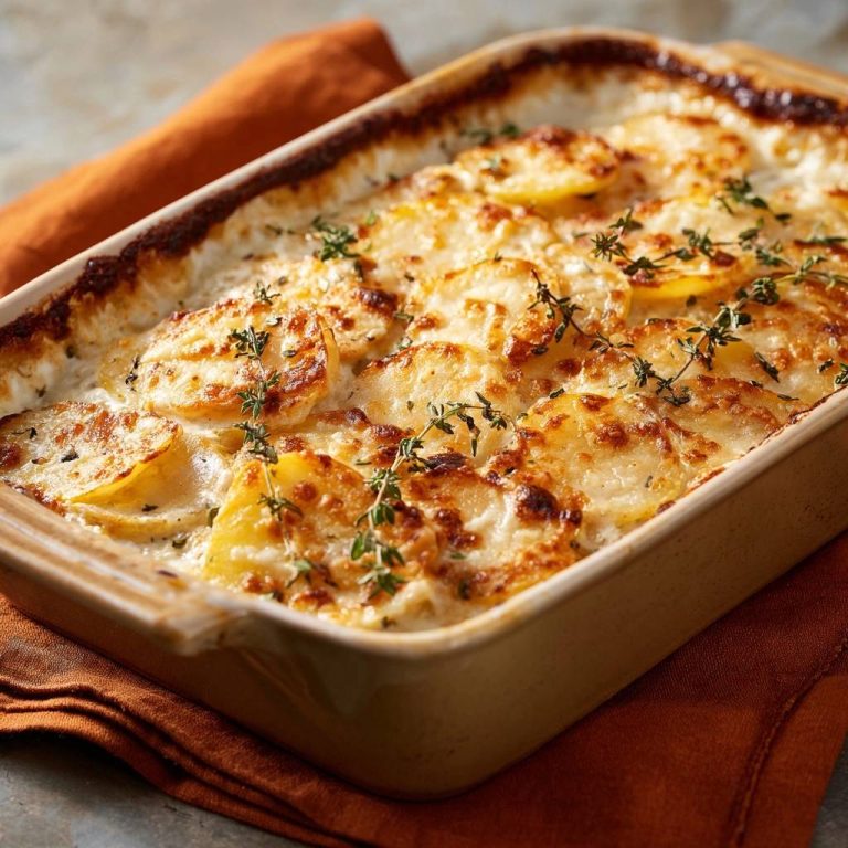 Klassisches Kartoffelgratin als Nahaufnahme mit frischen Kräutern garniert in einer Auflaufform