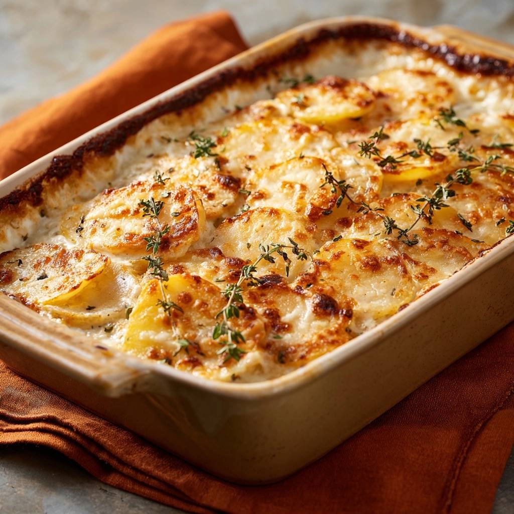 Klassisches Kartoffelgratin als Nahaufnahme mit frischen Kräutern garniert in einer Auflaufform