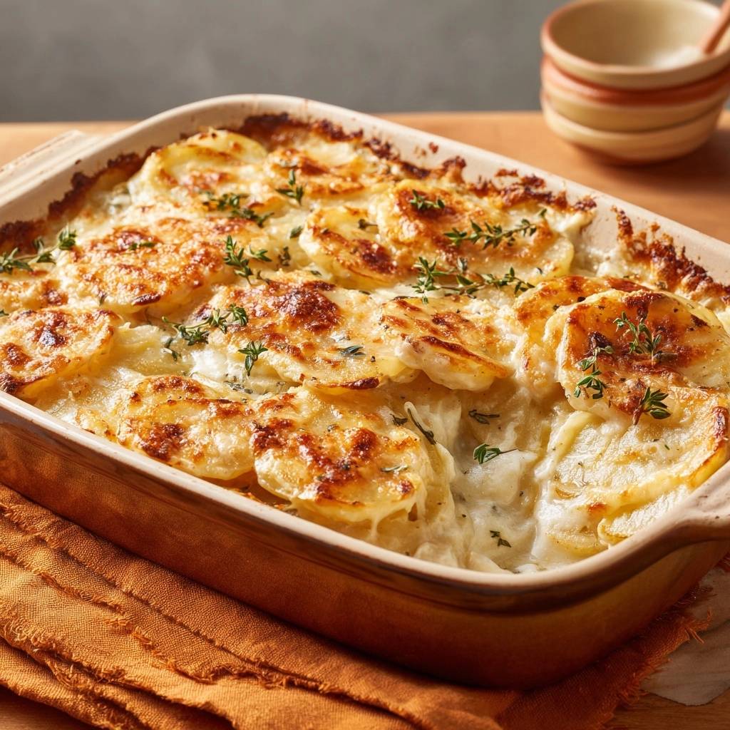 Klassisches Kartoffelgratin mit frischen Kräutern garniert, nah aufgenommen in einer Auflaufform.