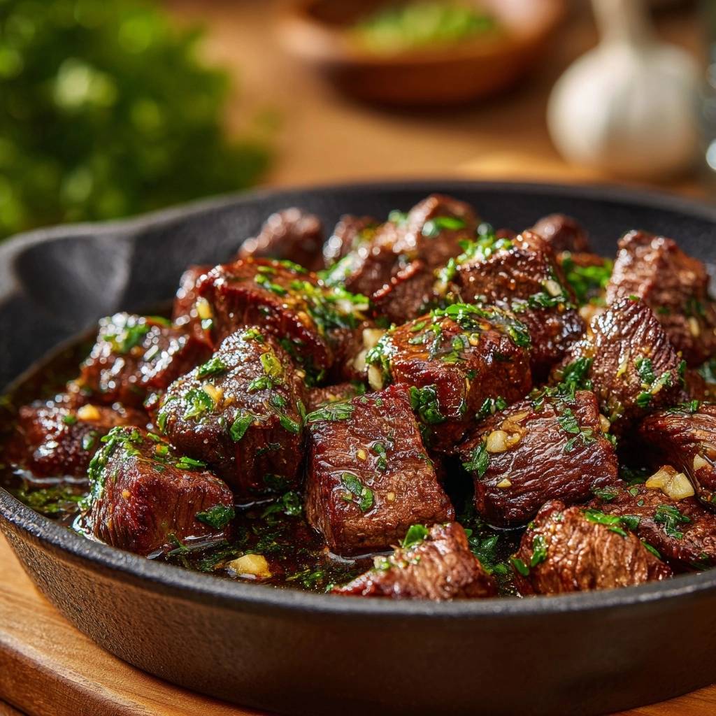 Knoblauch Butter Steak Bites als detailreiche Nahaufnahme in einer Gusspfanne, garniert mit frischer Petersilie und Knoblauch.