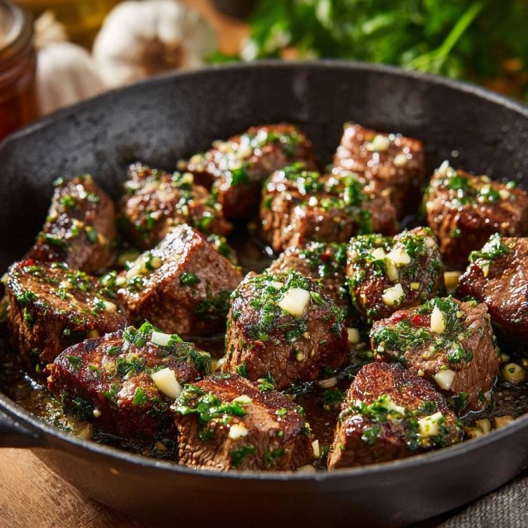 Knoblauch Butter Steak Bites, zartes Fleisch in einer Pfanne mit gehackter Petersilie und Knoblauch garniert.