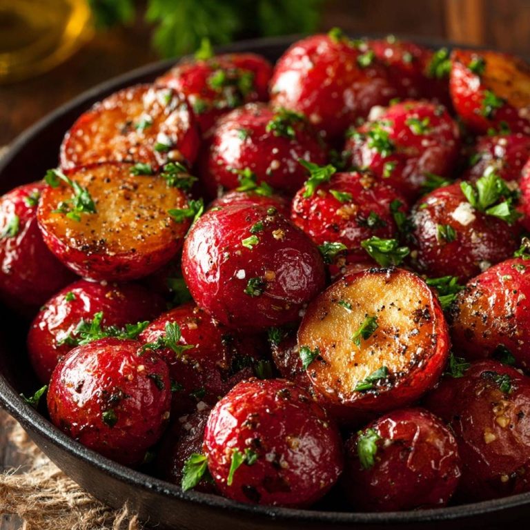 Knoblauch-Kräuter-Röstkartoffeln mit einem krossen Äußeren und weichem Inneren, Nahaufnahme eines angeschnittenen Kartoffels.