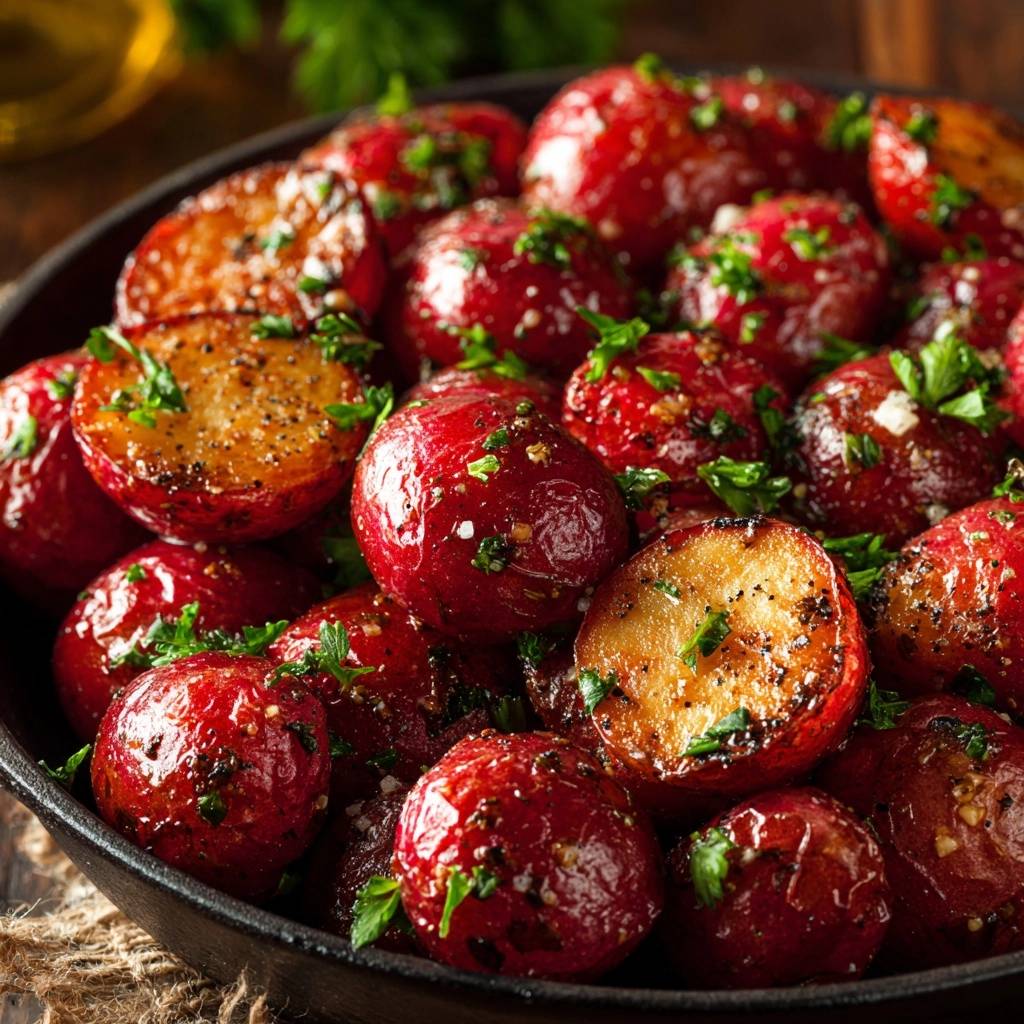 Knoblauch-Kräuter-Röstkartoffeln mit einem krossen Äußeren und weichem Inneren, Nahaufnahme eines angeschnittenen Kartoffels.