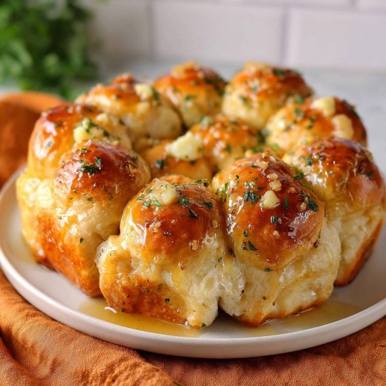 Knoblauchbutter-Zupfbrötchen glasiert mit Butter, Knoblauch und Petersilie auf einem Teller serviert.