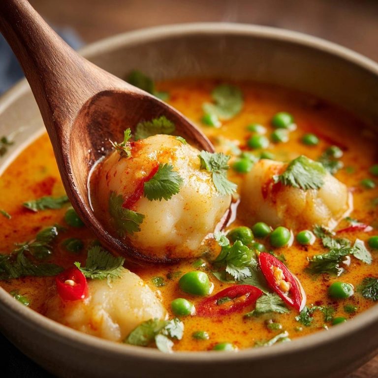 Knödel-Thai-Curry mit Erbsen und Chili, ein Klößchen wird mit einem Holzlöffel herausgehoben.