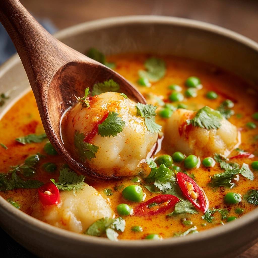 Knödel-Thai-Curry mit Erbsen und Chili, ein Klößchen wird mit einem Holzlöffel herausgehoben.