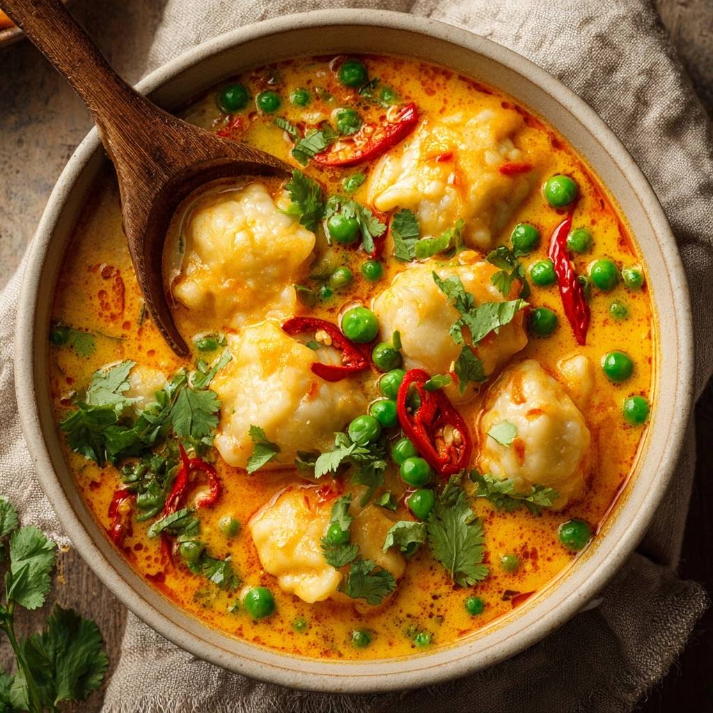 Knödel-Thai-Curry nahaufnahme mit Holzloeffel, serviert in einer Schüssel mit Erbsen und Chili.