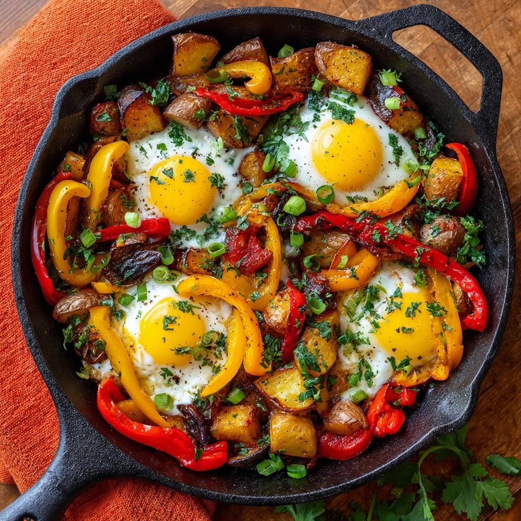 Knusprige Babykartoffel-Pfanne mit Paprika und Spiegeleiern, serviert in einer Gusseisenpfanne von oben betrachtet.