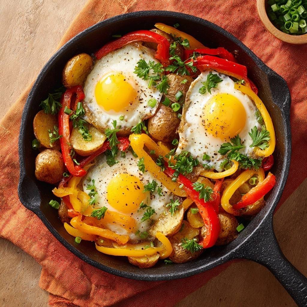Knusprige Babykartoffel-Pfanne mit Paprika und Spiegeleiern, präsentiert in einer Gusseisenpfanne von oben mit frischer Petersilie garniert.