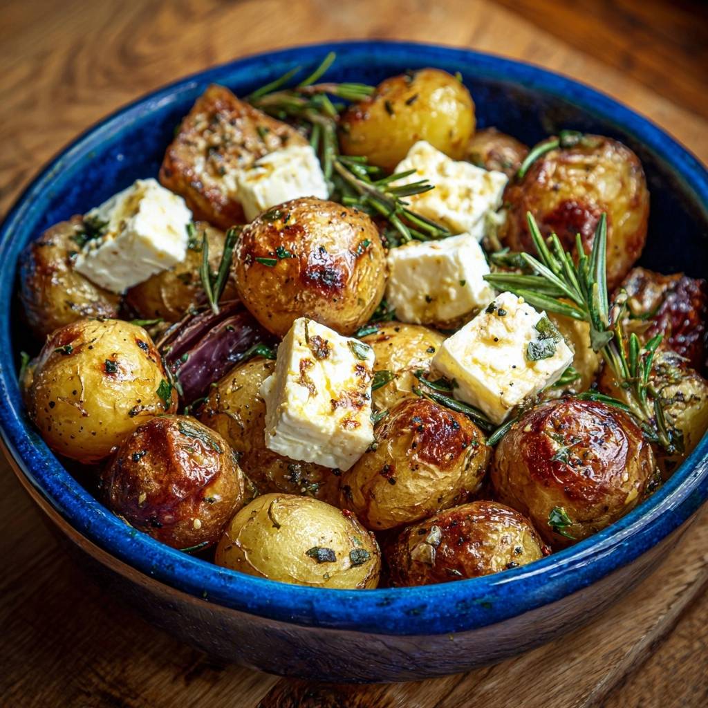 Knusprige Babykartoffeln mit Feta und Rosmarin, serviert in einer blauen Schüssel, nahaufnahme der Textur.