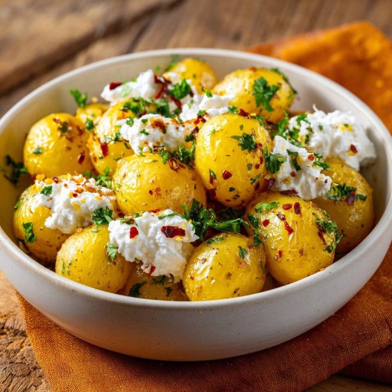 Knusprige Babykartoffeln mit Feta und Kräutern, serviert in einer Schüssel mit einem Löffel Feta und garniert mit Petersilie.