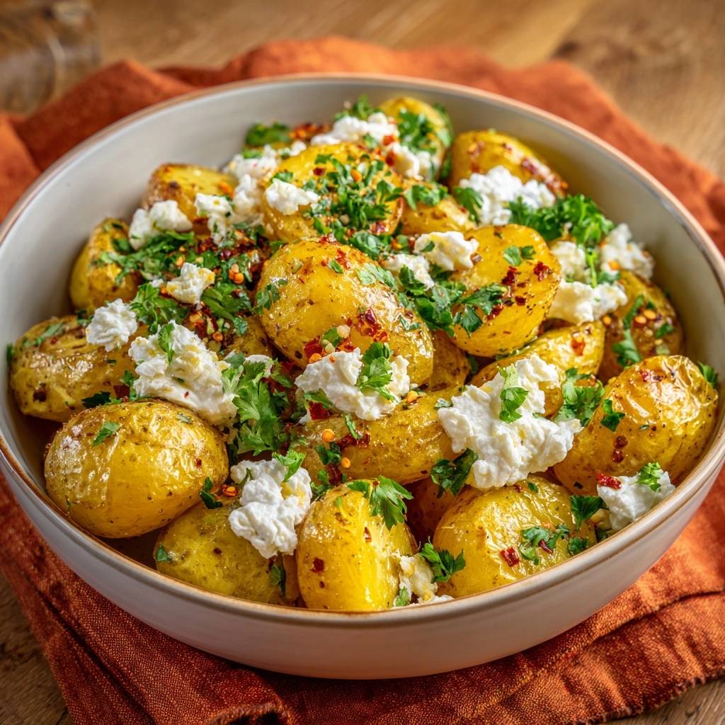 Knusprige Babykartoffeln mit Feta und Kräutern, in einer Schüssel mit einer Nahaufnahme des Feta und der Garnitur.