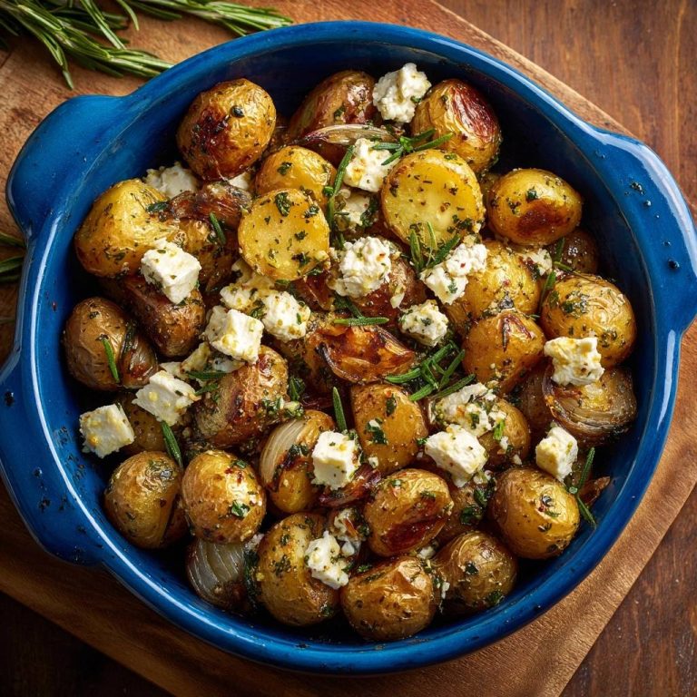 Knusprige Babykartoffeln mit Feta und Rosmarin, nahaufnahme der goldbraunen Kartoffeln mit zerbröckeltem Feta und frischen Kräutern.