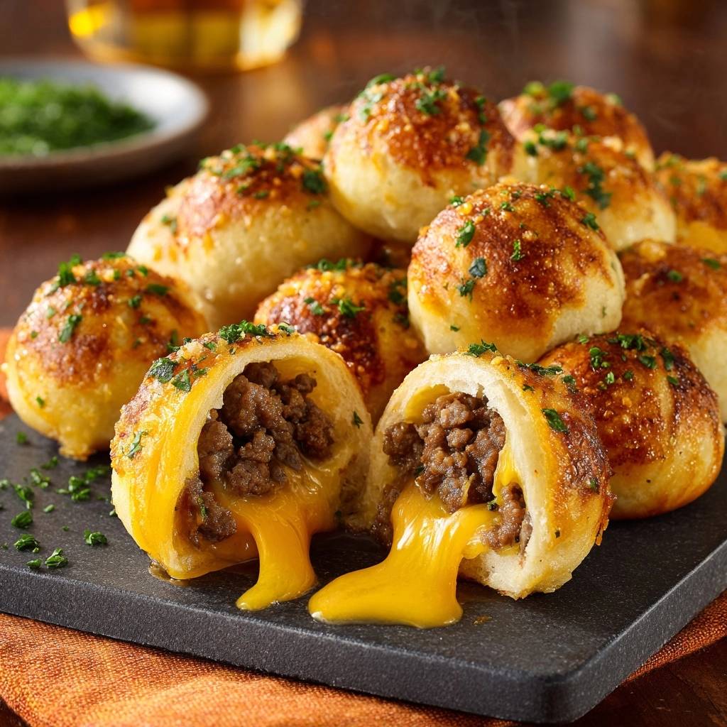 Knusprige Cheeseburger Bällchen angeschnitten mit geschmolzenem Käse und Hackfleischfüllung, garniert mit Petersilie.