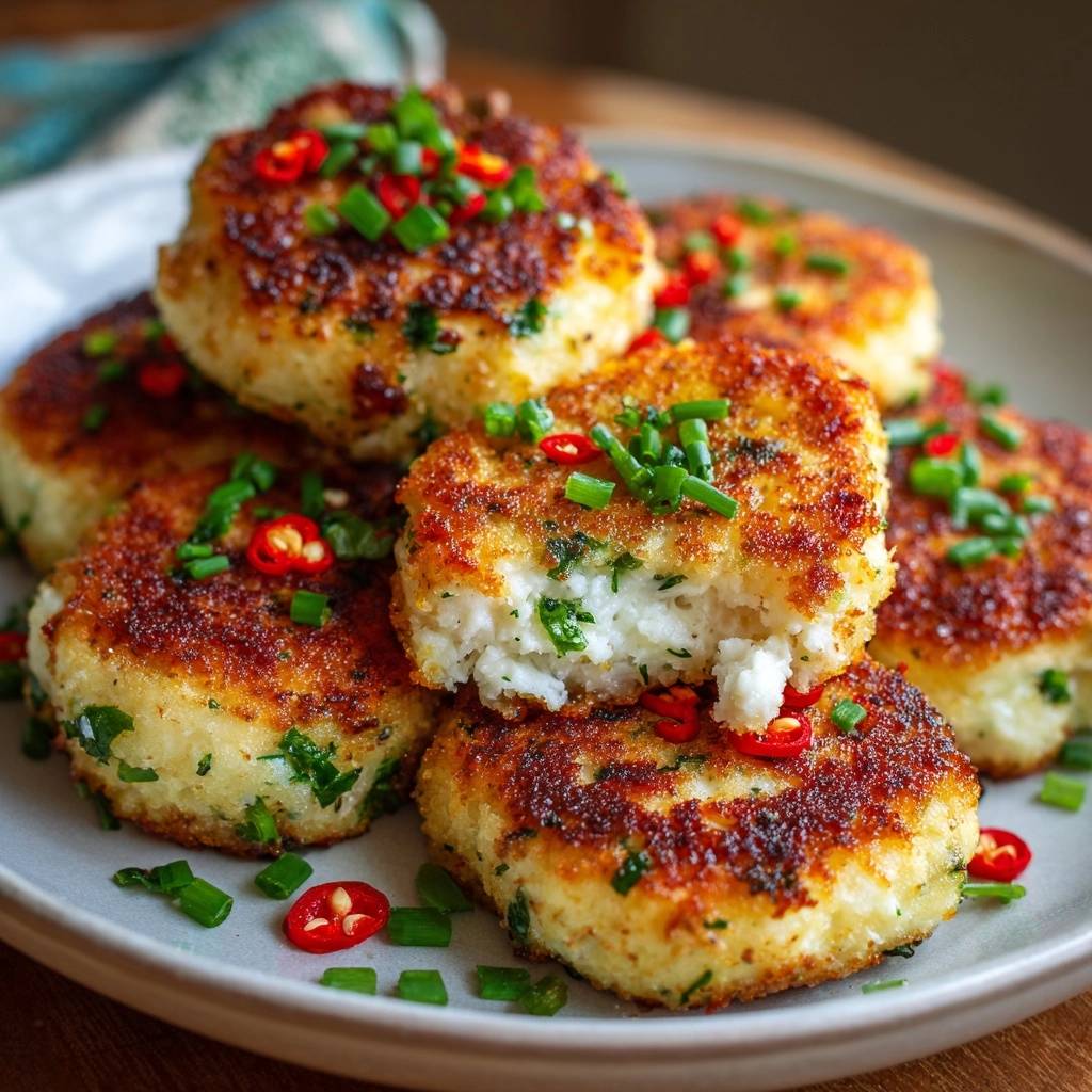 Knusprige Chili-Reis-Kroketten angeschnitten, mit frischem Schnittlauch und Chili garniert, zeigen das weiche Innere.