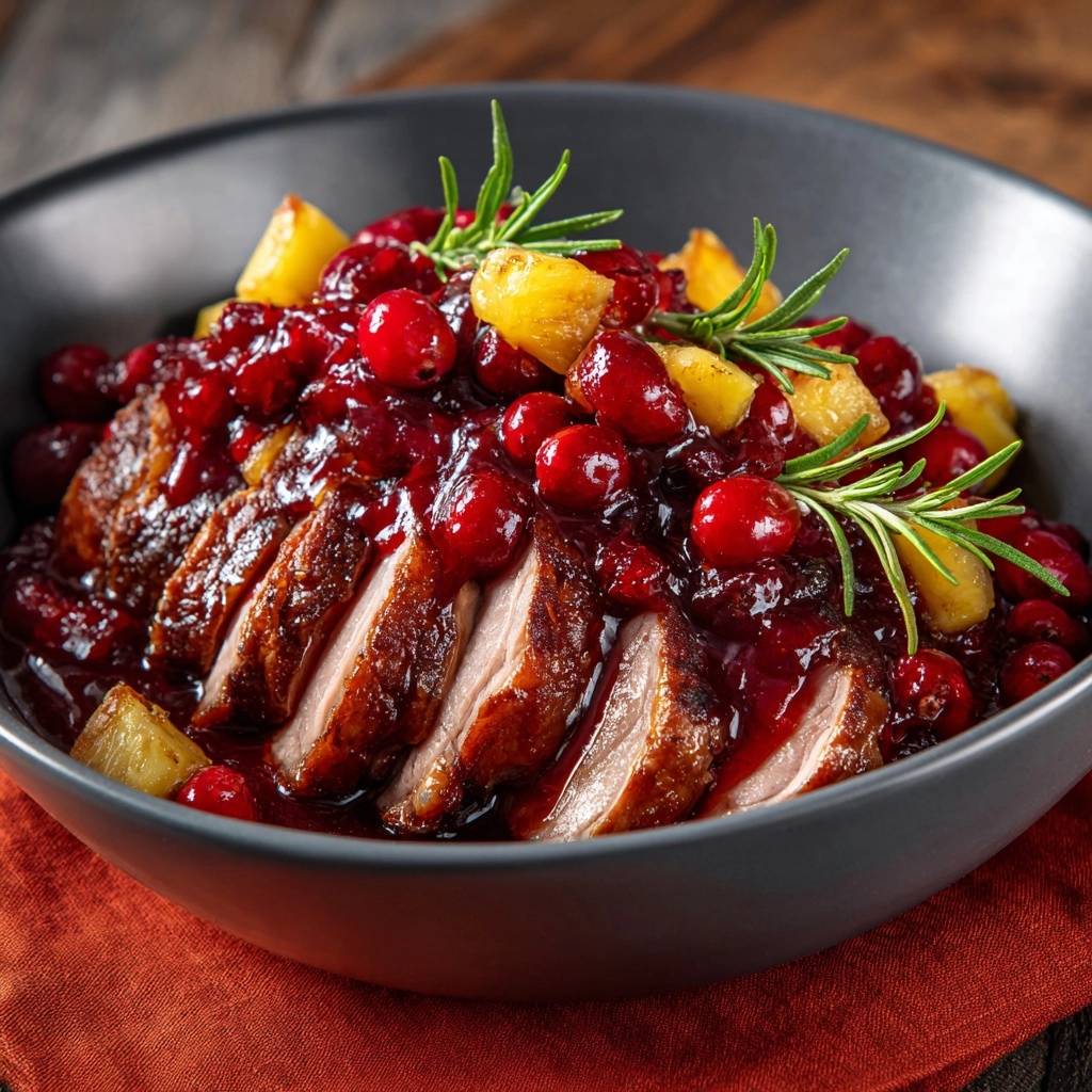 Knusprige Ente mit Preiselbeer-Ananas-Soße, angeschnitten und mit frischen Beeren und Kräutern garniert serviert.
