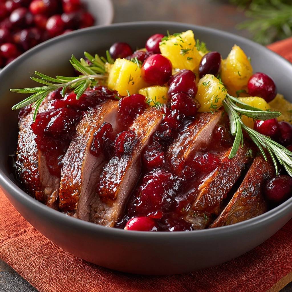 Knusprige Ente mit Preiselbeer-Ananas-Soße, angeschnitten und mit frischen Beeren und Rosmarin garniert serviert.