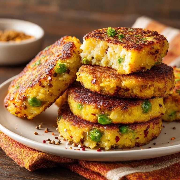 Knusprige Erbsen-Reis-Patties angeschnitten, die den goldbraunen, herzhaften Kern mit Erbsen zeigen.