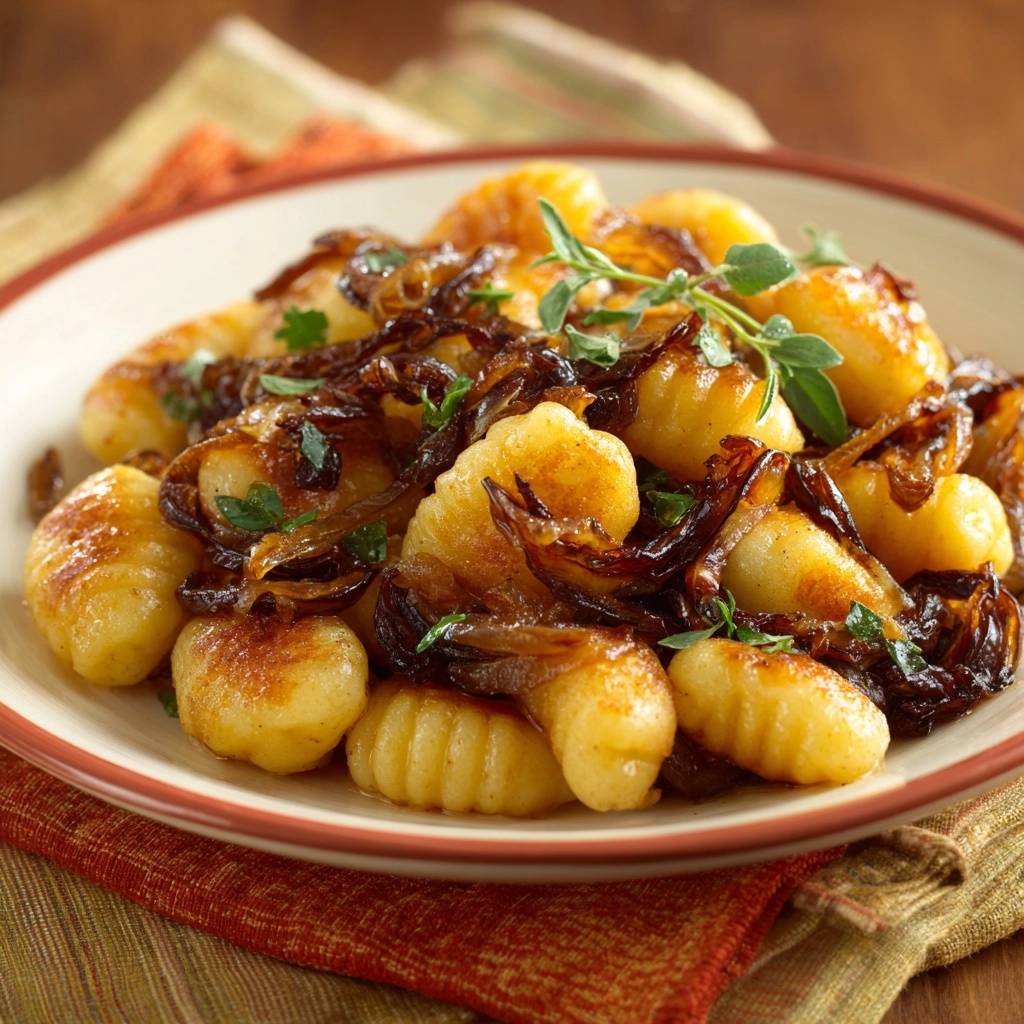 Knusprige Gnocchi mit karamellisierten Zwiebeln, detailreich auf einem Teller mit frischen Kräutern garniert.