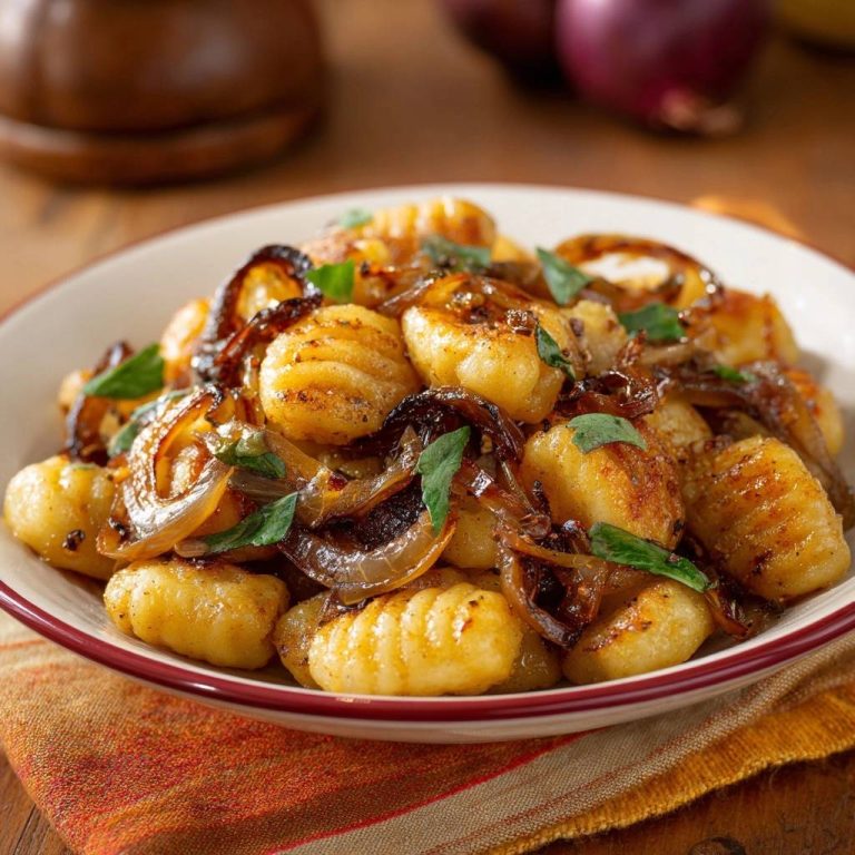 Knusprige Gnocchi mit karamellisierten Zwiebeln und frischen Kräutern in einer Nahaufnahme serviert.