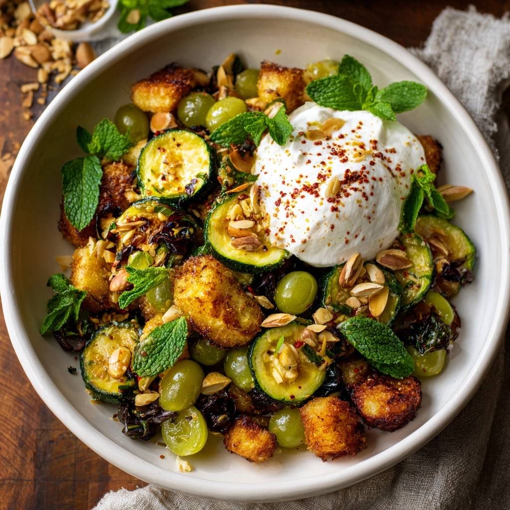 Knusprige Gnocchi-Pfanne mit Zucchini und Burrata, serviert mit einer cremigen Burrata-Kugel als Garnitur.