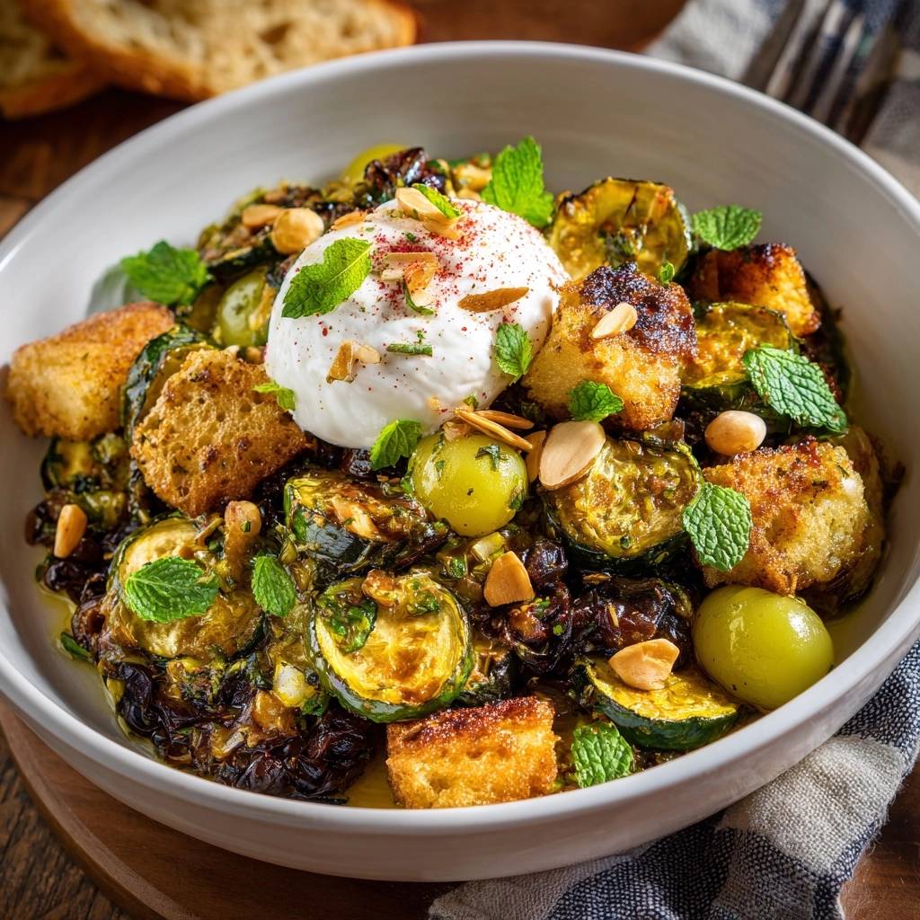Knusprige Gnocchi-Pfanne mit Zucchini und Burrata, garniert mit gerösteten Brotwürfeln und Mandeln.
