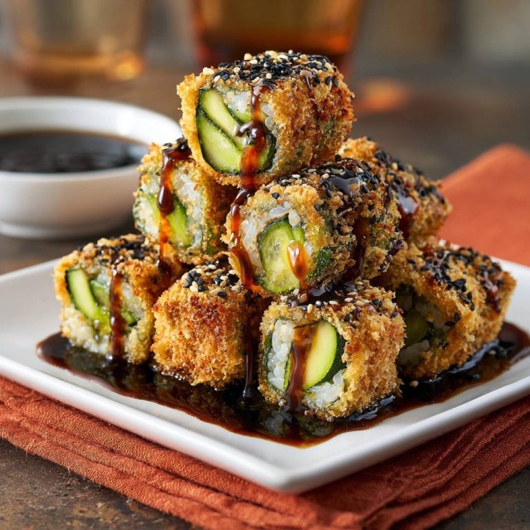 Knusprige Gurken-Avocado-Sushi-Rollen mit Sauce, im Detail auf einem Teller gestapelt und mit Sesam bestreut.