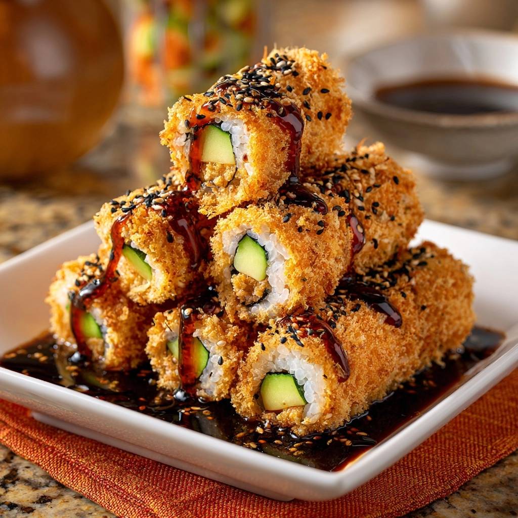 Knusprige Gurken-Avocado-Sushi-Rollen mit Sesam und Sauce garniert, auf einem Teller serviert.