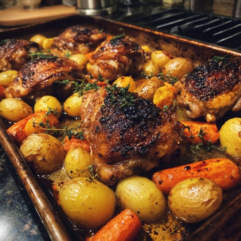 Knusprige Hähnchenschenkel mit Babykartoffeln und Karotten auf einem Backblech, Nahaufnahme mit Fokus auf Textur