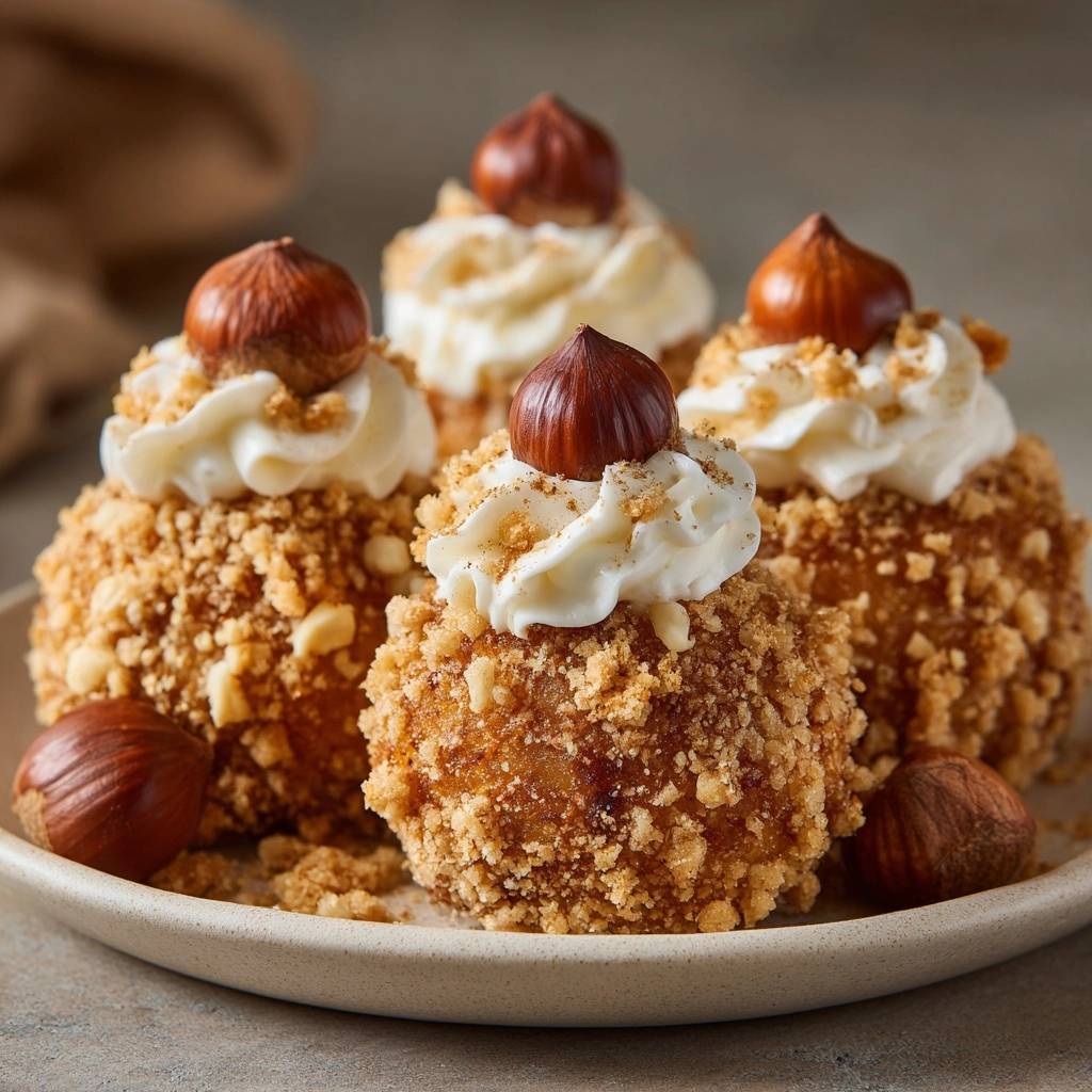Knusprige Haselnussbällchen mit Sahne, garniert mit ganzen Haselnüssen und Zimt, auf einem Teller serviert.