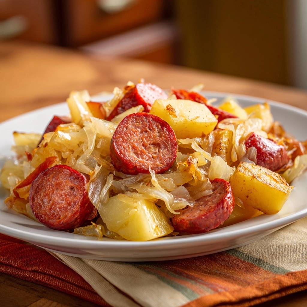 Knusprige Kartoffelpfanne mit Wurst und Kraut, eine Nahaufnahme des Gerichts auf einem Teller mit Fokus auf die Textur.