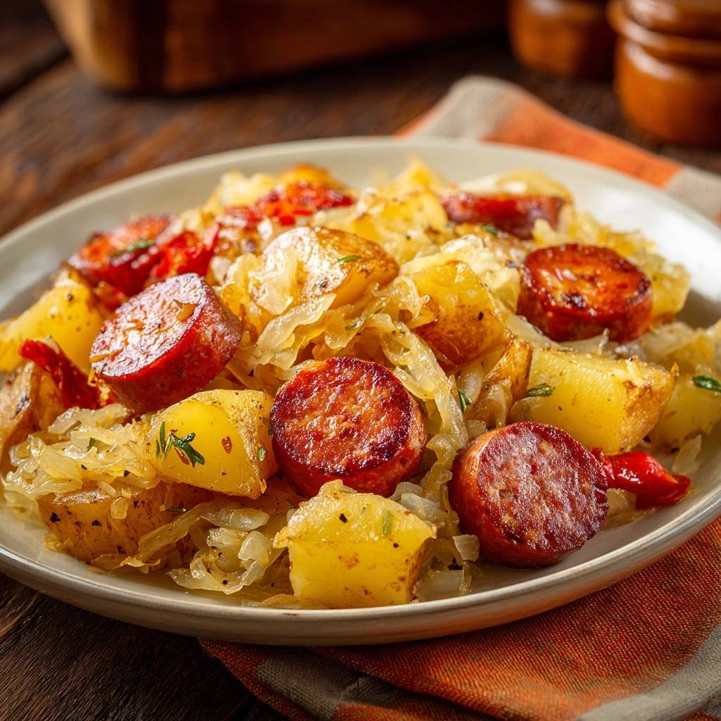 Knusprige Kartoffelpfanne mit Wurst und Kraut, eine Nahaufnahme der goldbraunen Kartoffelstücke und saftigen Wurstscheiben.